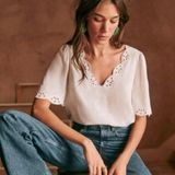 Sézane Sezane Francia Silk Embroidered Blouse Ecru Cream Size Small Preppy Classic Photo 0