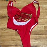 None Cherry Red One Piece with Bold Cutout Design Photo 0