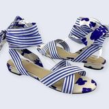 CAbi Tied Up Watercolor Blue Floral Striped Cotton Ankle Wrap Sandal 6013 8 NWOB Photo 0