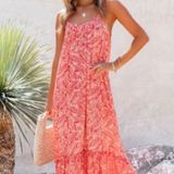 VICI Rafferty Palm Red One Tier Spaghetti Strap Dress Size Medium Photo 0