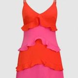 Micas  | Color Block Ruffle V-Neck Mini Two Tone Pink and Orange Dress - S Photo 0