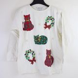 Victoria Jones Vintage 90s  Beaded Appliqué Cat Christmas 3/4 Sleeve Shirt Top Photo 0