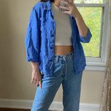 JM Collection Blue Button Down Top Photo 0