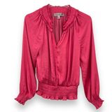 Catherine Malandrino  coral satin smocked split V neck puff long sleeve blouse Photo 0
