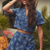 Lulus Blue Floral Denim Crop Top and Skirt Set Photo 0