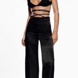 ZARA Black Satin Wide Leg Waist Tie Pants Photo 0