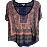 Lucky Brand Size Large Border Print Tee Shirt Blue Bohemian Aztec Scoop Neck Photo 0