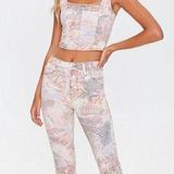 Forever 21 Renaissance Art Print Denim Set- Corset Crop Top & Ankle Jeans Photo 0