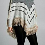 Velzera Gray Boho Fringe Knit Poncho Sweater Photo 0
