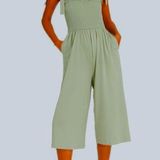 MINKPINK Olive Green Smocked Tie Strap Cropped Jumpsuit Photo 0