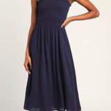 Lulus Looking Up Navy Blue Smocked Tie-Strap Midi Dress Photo 0