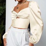 SheIn Satin Colorblock Balloon Sleeve Self-Tie Crop Top Photo 0