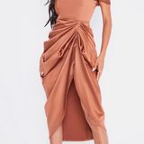 Pretty Little Thing Chocolate Satin Dropped Bardot Midi Dress Photo 0