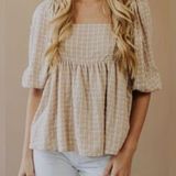Storia Plaid Tan and White Babydoll Puff Sleeve Top Size Small Photo 0
