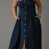 Maeve  by Anthropologie NWT Square Neck Linen Blend Navy Button‎ Front Midi Dress Photo 0