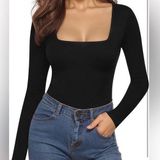 MANGOPOP Women's Square Neck Long Sleeve Top Bodysuit Black (171) Photo 0