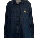 Carhartt Womens Relaxed Fit Denim Button-Down Shirt M Cotton Blue pocket outdoor Photo 0