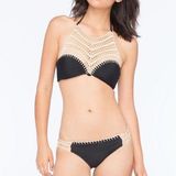 The Bikini Lab Crochet High Neck Bikini Set Top Bottoms Swim Black Hipster Halter Photo 0