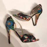 Ivanka Trump Floral Print Satin Straps Crisscross Leather Green Pumps Stilettos D’orsay Sandals Photo 0