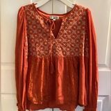 Polagram  Rust Red & White Dainty Floral Boho Ballooon Sleeve Peplum Top small Photo 0