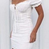 O. Vianca White Milkmaid Smocked Off Shoulder Stripe Print Bodycon Mini Dress M Photo 0