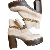 Olivia Miller  Womens Beige Platform Chunky Heel Faux Suede Boots Chain Zip 10 Photo 0