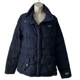 Hollister  Navy Blue and Red Feather Stuffed Puffer Jacket | Size Medium Photo 0