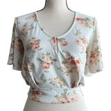 Love Vintage Crop V Neck Top Blouse Floral Romantic Open Tie Back Ivory Size S Photo 0