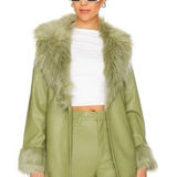 Show Me Your Mumu Penny Lane Sage Green Faux Leather Fur Trench Coat Holiday Photo 0