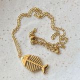 Handmade fully gold tone stainless steel fishbone boho funky necklace🌀🐟 Photo 0