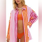 Beach Riot  Alexa Top Coverup Large Pink Sunset Stripes Beach Vacation Flowy NWOT Photo 0
