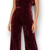 Lulus  L Red Velvet Jumpsuit One Shoulder Ruffle Wide Leg Witchy Wedding Guest Photo 0