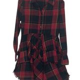 Belle Vere Sz M Plaid Frayed High Low Button Up Top Studded Waist Red Black Photo 0