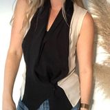 Haute Hippie Cream Black Silk Tank Vest Top Draped VNeck Button Blouse Medium Photo 0