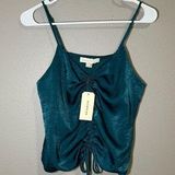 Monteau blue green satin ruched cami top women’s size large Photo 0