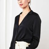 Quince  Washable Stretch Silk Notch Collar Blouse Button Up Black Size Medium Photo 0