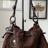 Brighton Starry Suede Drawstring Bag Chocolate Brown Large Purse Leather Strap Photo 0