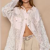 POL Relaxed Sheer Lace Crochet Contrast Gauze Top or Shacket in Baby Pink Photo 0