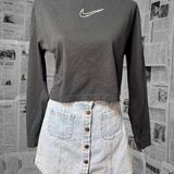 Nike Black Cropped Long Sleeve Mock Neck Tee Rhinestone Swoosh Logo Size M Photo 0