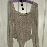 Frye Tan and White Smocked Bodysuit with Long Sleeves Photo 0