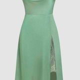 Cider  Green Satin Cowl Neck Lace Split Midi Dress Photo 0