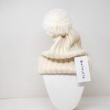 Athleta NEW Ribbed Pom Pom Knit Stretch Beanie Winter Hat Ivory OS Photo 0
