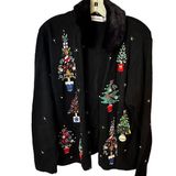 Victoria Jones Vintage  Black Christmas Trees Cardigan Sweater Photo 0