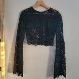 Tobi Kiley Cropped Bell Sleeve Zip Back Lace Top Black S Photo 0