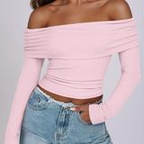 Off Shoulder Light Pink Long Sleeve Top Photo 0
