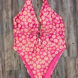 H&M Womens One Piece Swim High Leg Halter Suit Drawstring Floral Size L Large Photo 0