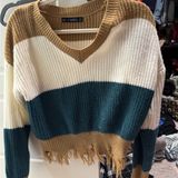 Zaful  V-Neck Color Block Sweater - Tan, White, Teal Photo 0