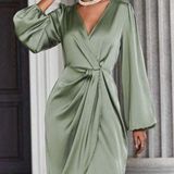SheIn Lantern Sleeve Twist Front Wrap Hem Satin Dress Photo 0