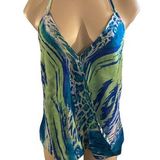 Olivaceous NWOT  Cami Tank Top MEDIUM Abstract Blue Green V-Neck Halter Casual Photo 0
