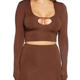 Naked Wardrobe  Smooth Keyhole Cropped Top Shirt Brown NWT Long Sleeve Photo 0